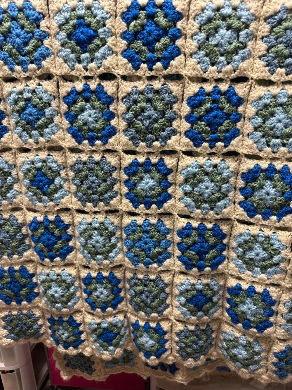 Handmade Crochet Granny Square Throw Blanket - Blue & Cream